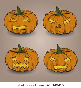 Set of Halloween hand drawn vintage pumpkins.Collection of face on pumpkins for Halloween. greeting card with cartoon pumpkin