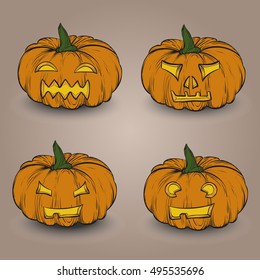 Set of Halloween hand drawn vintage pumpkins.Collection of face on pumpkins for Halloween. greeting card with cartoon pumpkin. Decorations doodle