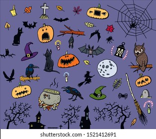 Set of halloween hand-drawn doodles - pumpkin, cat, spider, spiderweb, broom, candle, crow, bat, thombstone, cross, vintage lamp, leaves, dead tree, house, fence, witch, witch hat, owl, moon, cauldron