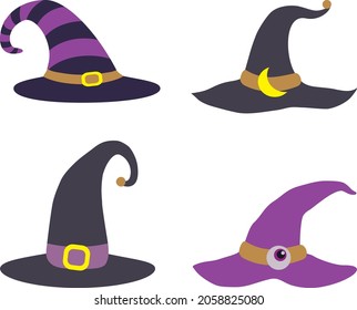 Set of halloween hat vector illustration. Cartoon witch hats, colorful icons set. Wizard hat collection. Halloween costume element. Vector illustration.