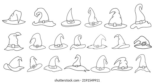 Conjunto de ilustración vectorial de halloween. sombrero de bruja aislado en blanco. Colección de arte Halloween Hat Doodle, juegos de iconos de elementos de Halloween.