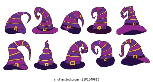 Set Of Halloween Hat Vector Illustration. Witch Hat Isolated On White. Halloween Hat Clipart Collection, Halloween Elements Icon Sets.