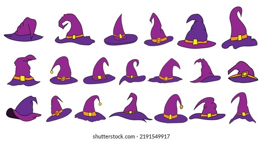 Set Of Halloween Hat Vector Illustration. Witch Hat Isolated On White. Halloween Hat Clipart Collection, Halloween Elements Icon Sets.