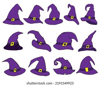 Set Of Halloween Hat Vector Illustration. Witch Hat Isolated On White. Halloween Hat Clipart Collection, Halloween Elements Icon Sets.