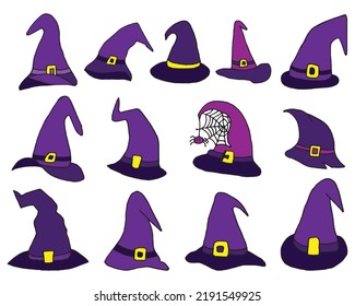 Set Of Halloween Hat Vector Illustration. Witch Hat Isolated On White. Halloween Hat Clipart Collection, Halloween Elements Icon Sets.