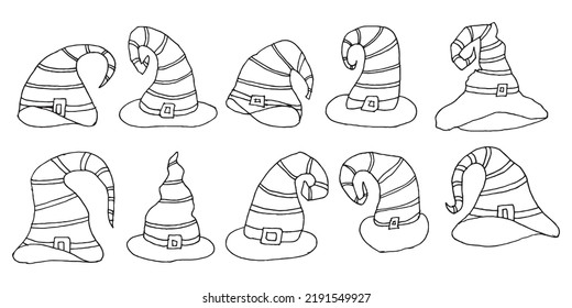 Set of halloween hat vector illustration. witch hat isolated on white. Halloween Hat Doodle art Collection, Halloween Elements Icon Sets.