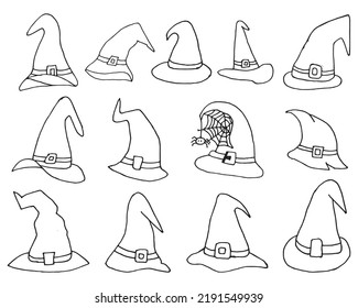 Set of halloween hat vector illustration. witch hat isolated on white. Halloween Hat Doodle art Collection, Halloween Elements Icon Sets.