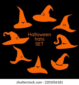 set of halloween hat vector illustration. witch hat isolated on black background