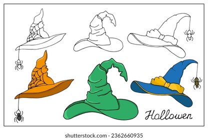 Set of Halloween hats. Cartoon caps of witch, wizard, fairy or stargazer, decorated with ribbons and spiders. Magic headwear for Halloween holiday design. Halloween stickers