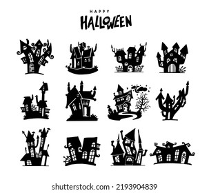 Set Of Halloween Haunted House. Collection Of Haunted House. Hand Drawn Black Silhouette Of Haunted House, Ghost Mansion, Castle. Vector Silhouettes Of Halloween Creepy Mansions Set.