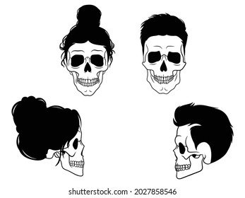 Set of halloween head. Collection of halloween decor sticker. Restroom skeletons. Spooky sign. Vector illustration on white background. 