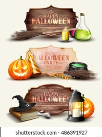 Halloween-Header und Banner mit Holzschild und Halloween-Elementen