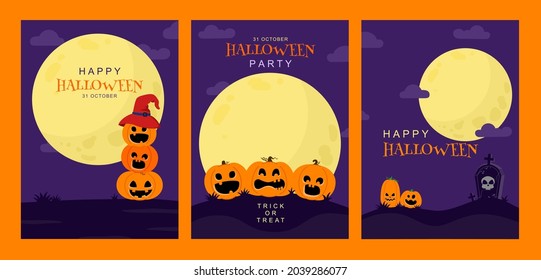 Set of Halloween holiday event invitation design layout. Cute and spooky cartoon pumpkins in the night with big moon . Happy halloween invitation party flat banner , poster or card vector template.   - Powered by Shutterstock - Get 15% off with code: PIKWIZARD15