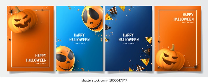 Set of Halloween holiday flyers. Holiday posters with realistic balloons, black spiders, scary pumpkins, colorful garlands, serpentine and confetti. Invitations to nightclub.