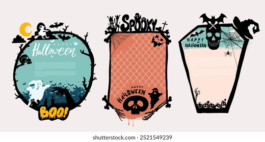 Set of Halloween holiday frames, borders. Vector scary vignettes with creepy scarecrow, tree branches, bats black silhouettes. Template Pumpkin faces, spider web, witch hat, skull, haunted castle.