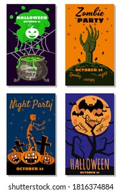 Set Halloween holiday greeting card merry pumpkin, spider web, deads, witch, cemetery, bats