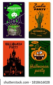 Set Halloween holiday greeting card merry pumpkin, deads, cemetery, cauldron, castle