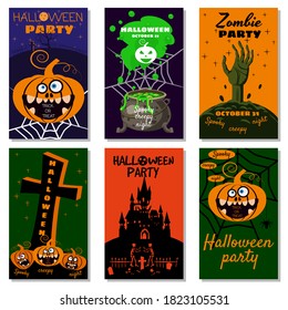 Set Halloween holiday greeting card merry pumpkin, spider web, deads, witch, cemetery