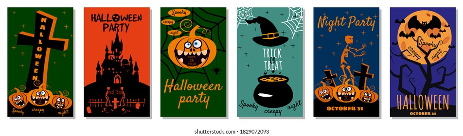Set Halloween holiday greeting card merry pumpkin, spider web, deads, witch, cemetery