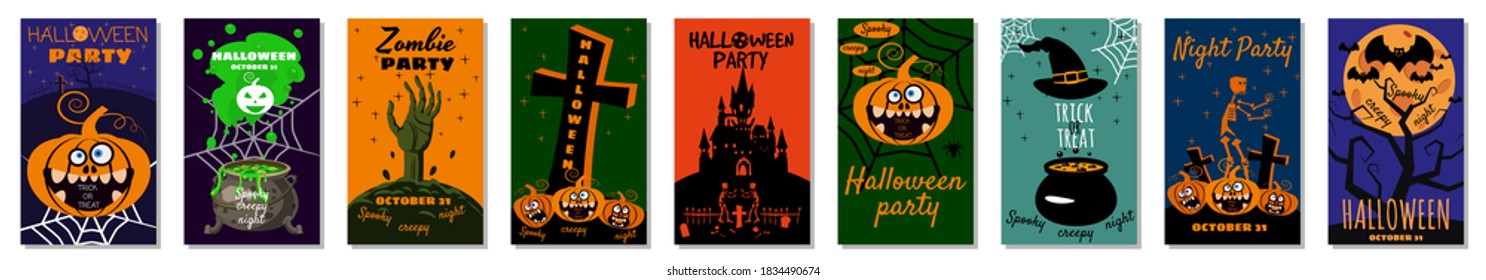 Set Halloween holiday greeting card merry pumpkin, spider web, deads, witch, cemetery