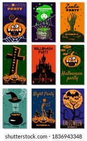 Set Halloween holiday greeting card merry pumpkin, spider, web, deads, witch, cemetery. Template banner, flyer, poster