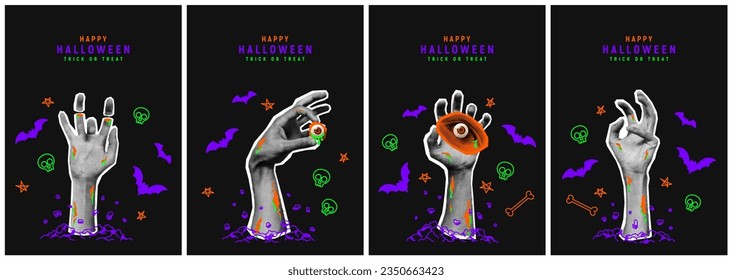 Set of Halloween holiday posters. Halftone zombie hands stick out from ground or grave and hold halftone eye with 3d pupil. Vector illustration in collage style for Halloween events. Doodle elements.