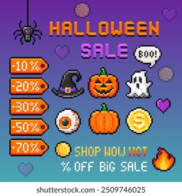 Set para Halloween banner de venda de férias isolado no fundo. Etiqueta de preço com porcentagem. Jack-o-lanterna ícone. Promoção de descontos, compras on-line. Ilustração da arte vetorial em pixel em estilo de 16 bits.