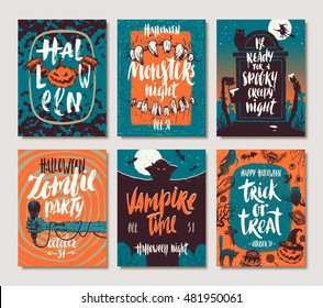 Set of Halloween holidays hand drawn posters or greeting card with handwritten calligraphy quotes, words and phrases. Vector illustration.