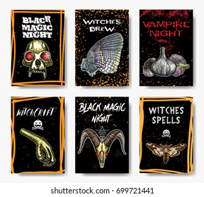 Set of Halloween holidays. Hand drawn flyer posters and greeting card with handwritten calligraphy words quotes and phrases. Vector.