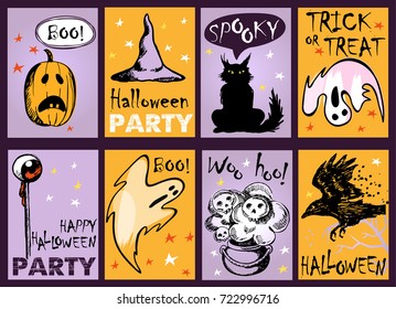 Set of Halloween holidays hand drawn posters or greeting card with words and phrases. Vector illustration.
