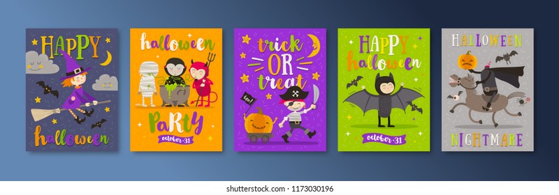 Set of Halloween holidays posters or greeting card with cartoon characters and type design. Vector illustration.