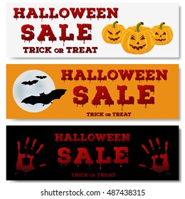 Set of Halloween horizontal banners. Design of the flyer with Halloween sale inscription. Holiday concept posters with bloody font typography. Vector illustration