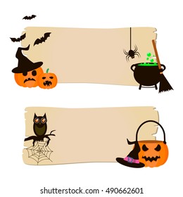 Set of Halloween Horizontal Banners with Magic Cauldron, Pumpkins,  Hat Witch, Broom, Spider and Cobweb. Cartoon halloween backgrounds. Vector illustration.
