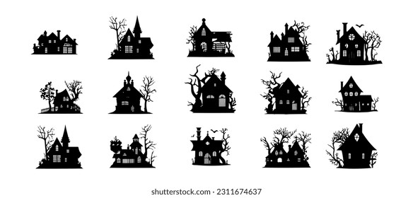 Set of Halloween horror castle or house with bare tree silhouette isolated on white background. Vector illustration