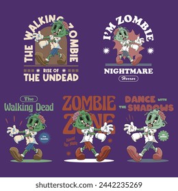 Set of Halloween Horror Cute Green Zombie Apocalypse Death Retro Mascot Character Cartoon Illustration Design	
