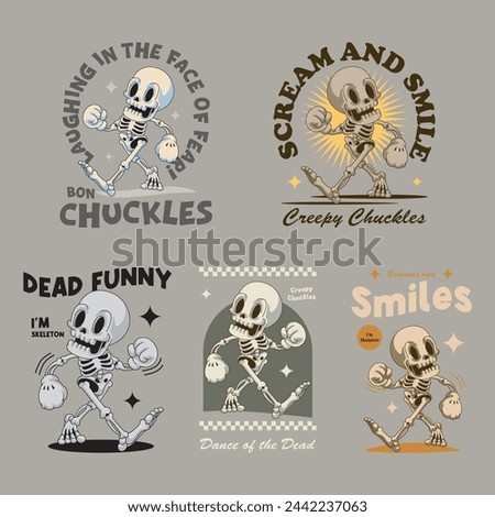 set of Halloween Horror Cute Walking Skull Retro Vintage Mascot Character Cartoon Illustration Design	
