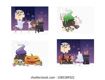 Set of Halloween horror party banners. Flat vector illustrations of cauldron, pumpkin, party, scary. Halloween holiday concept for banner, website design or landing web page