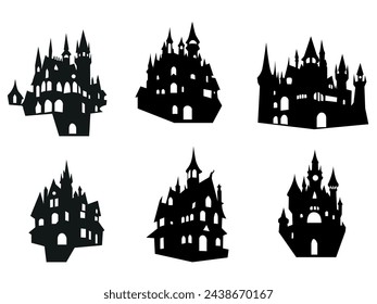 set of halloween house decoration clip art silhouette.haunted scary house vector illustration isolated on white background