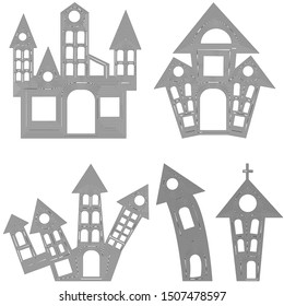 Set of halloween house silhouette with black lines on a white background, eps 10