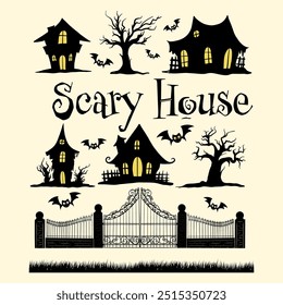 A set of Halloween house silhouette illustrations. Includes various haunted house designs, spooky trees, and bats. Perfect for creating custom Halloween designs.