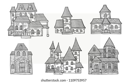 Set of halloween house.House vector by hand drawing