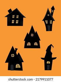 Set of halloween houses. Black silhouettes of houses on an orange background. Vector illustration