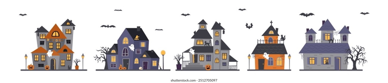 Set of Halloween houses isolated on white background. Halloween concept. Halloween elements.