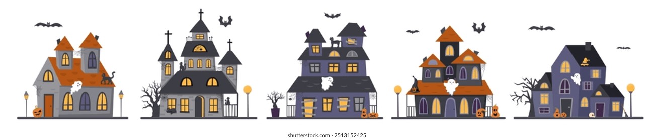 Set of Halloween houses isolated on white background. Halloween concept. Halloween elements.