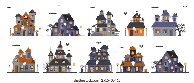 Conjunto de casas de Halloween aisladas sobre fondo blanco. Concepto de Halloween. Elementos de Halloween.