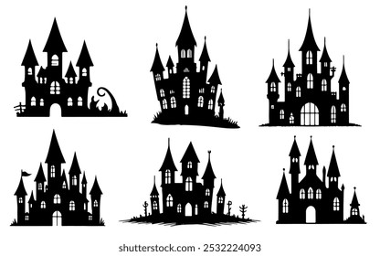 Set of Halloween Houses silhouette. Hand drawn haunted house, ghost house isolated on white background. Vector illustration of Halloween decorative elements for design decor.