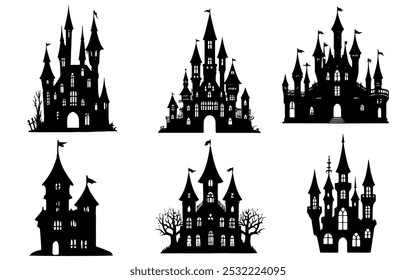 Set of Halloween Houses silhouette. Hand drawn haunted house, ghost house isolated on white background. Vector illustration of Halloween decorative elements for design decor.