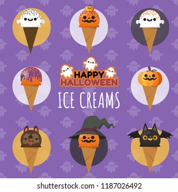 Set of Halloween ice cream, A lot of fancy halloween element such as ghosts, pumpkins, bats, wolfs, spiders decorated scoop of ice creams.Vector illustration.