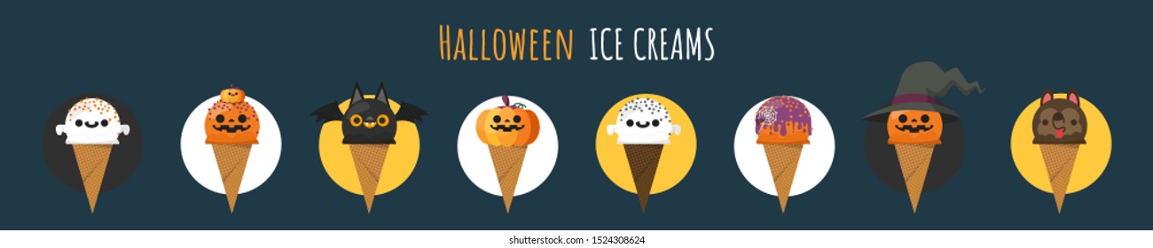 Set of Halloween ice cream, A lot of fancy halloween element such as ghosts, pumpkins, bats, wolfs, spiders decorated scoop of ice creams.Vector illustration.