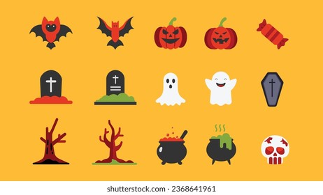 Set of halloween icon. Pumpkin, ghost, bat, cauldron, grave and others. Jack o lantern